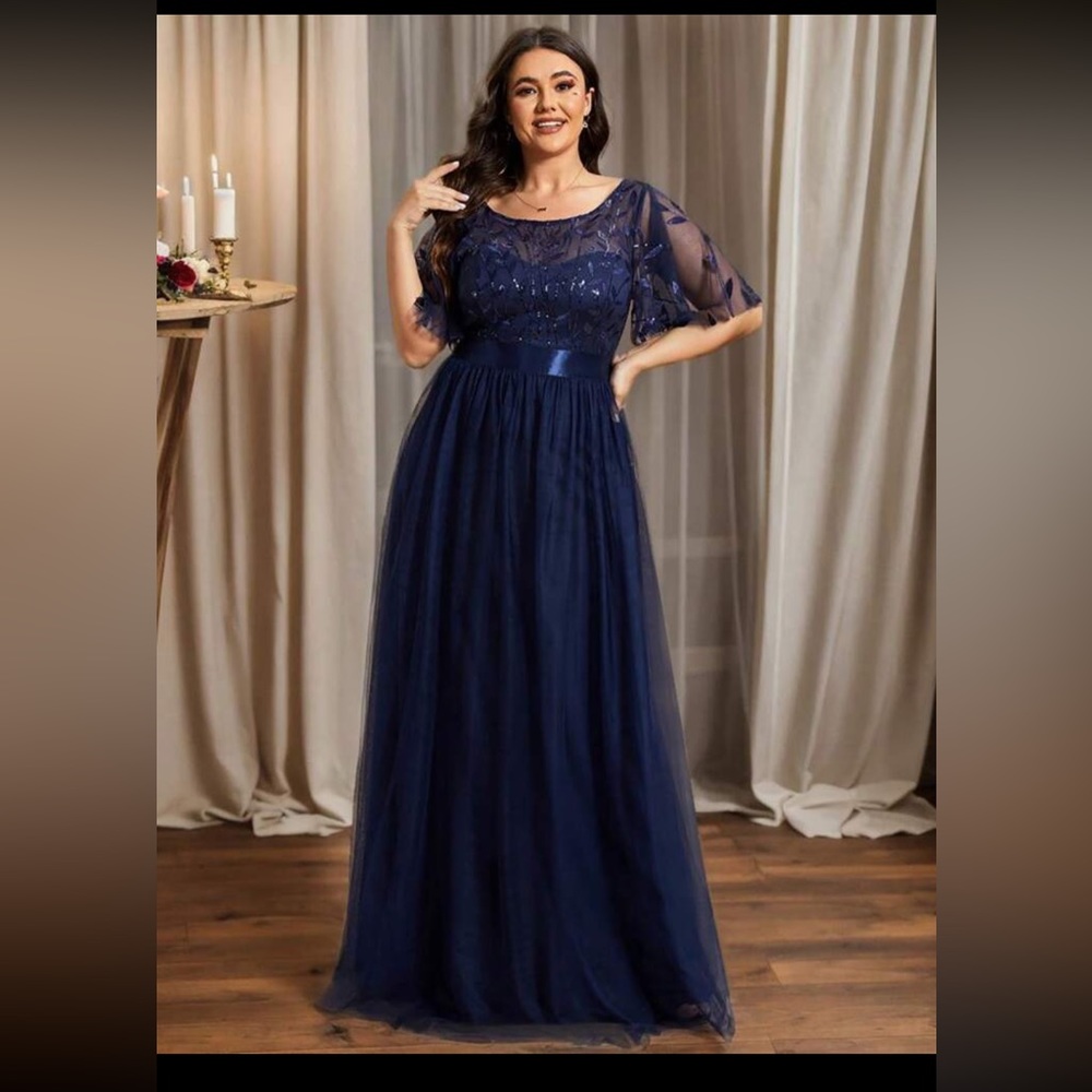 Beautiful gown - with mesh bodice - sequin leaf embroidery top
